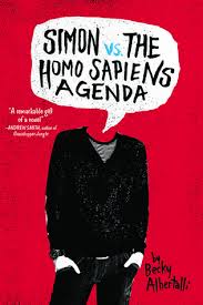 Cover Art for Simon vs. The Homo Sapiens Agenda by Becky Albertalli
A headless illustration of a boy in a black sweater, t shirt and jeans. The title of the book appears as a speech bubble emerging from the neck. Red background 
Blurb reads: "A remarkable gift of a novel" - Andrew Smith, author of Grasshopper Jungle