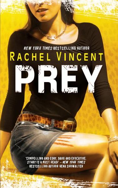 Cover Art for Shifters #4 - Prey by Rachel Vincent
Yellow background with faint leopard print pattern, A woman in a brown half sleeved shirt and denim skirt with a leopard print belt sits facing the camera. Top half of her face is not visible. Four red scratches on her exposed thigh and a diamond bracelet on her wrist